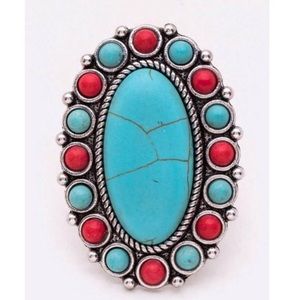 Oval Iconic Turquoise, Deep Coral Stone Adjustable Ring